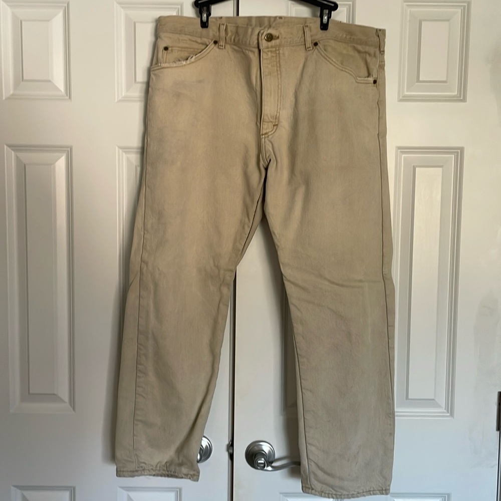 LL Bean khaki jean pants  with blue/green plaid lining Men’s size 42X30